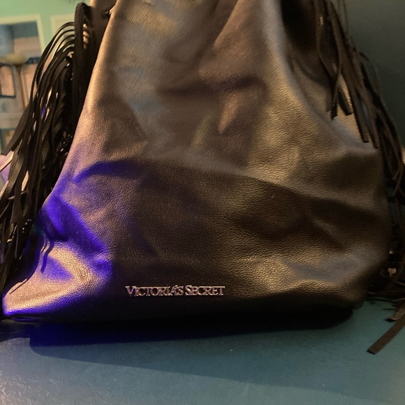 NEW Victoria's Secret Black Faux Leather Backpack Fringe Purse Boho Bag - Picture 2 of 9
